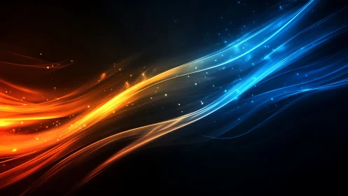 Flowing light streams contrast warm orange and cool blue gradients.