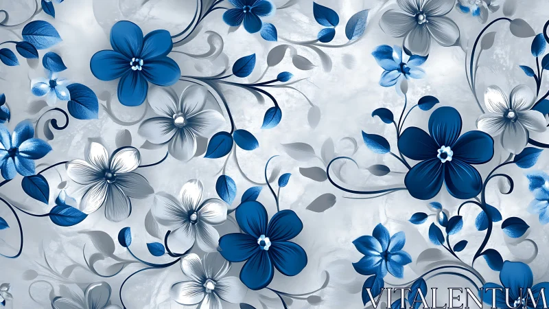 Blue and White Floral Composition with Ornamental Botanical Elements
