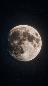 Luminous moon shines in crisp night sky full of stars.