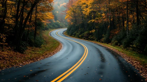 Winding Asphalt Road Through Autumn Forest