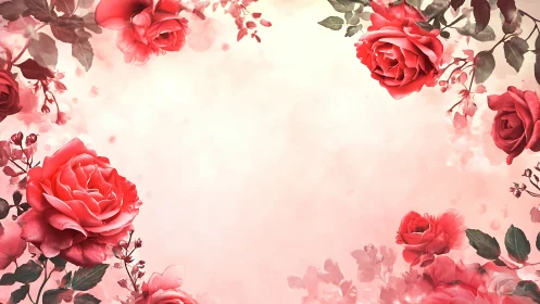 Crimson Roses Frame Soft Pink Gradient Background.
