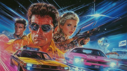 Retro action illustration shows armed figures with cars