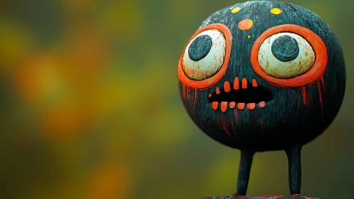 Wide-eyed black creature sculpture with vivid orange accents.