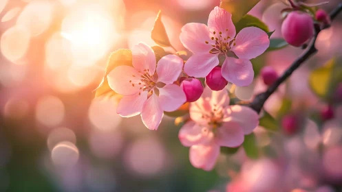 Pink Blossoms Backlit by Golden Sunlight.