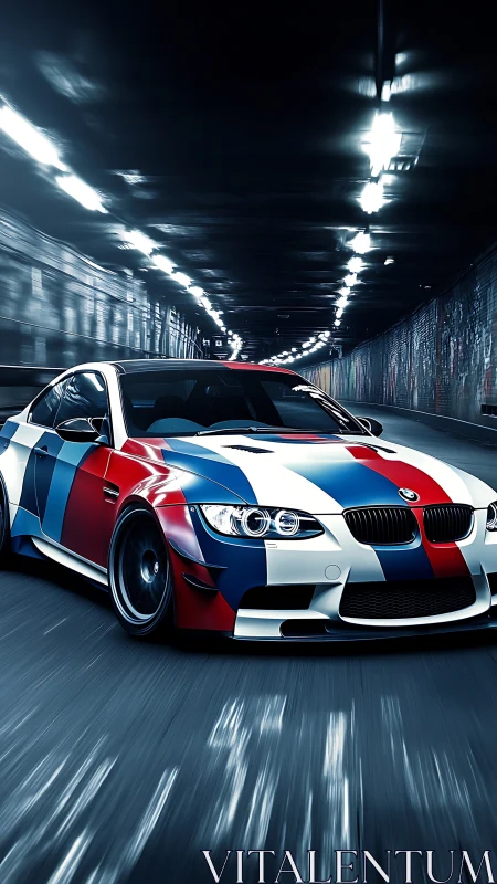 BMW coupe with tricolor livery moves through illuminated tunnel