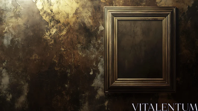 Empty gilded frame on oxidized metallic wall surface.