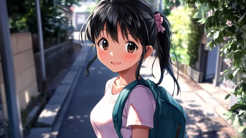 Sunlit walk home with a shy, smiling schoolgirl friend.