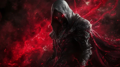 Shadow-cloaked warrior rises in swirling crimson power