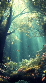 Enchanted Forest Canopy with Golden Light and Falling Leaves.