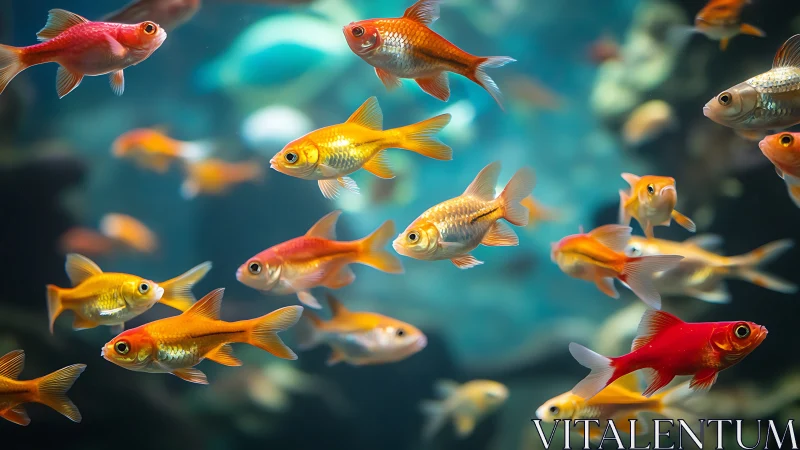 Goldfish school swims in clear aquarium with soft bokeh