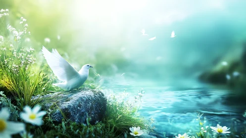 White dove on riverside rock in dreamy nature landscape illustration.