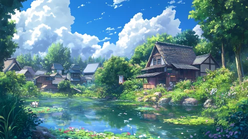 Sunlit rural house overlooks tranquil lily pond and village