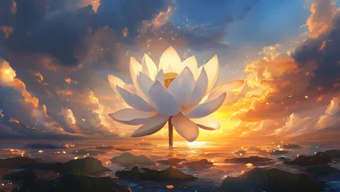 Radiant lotus unfolds softly in a glowing sunset sky