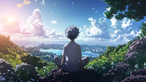 Solitary figure overlooks sunlit coastal city from hilltop