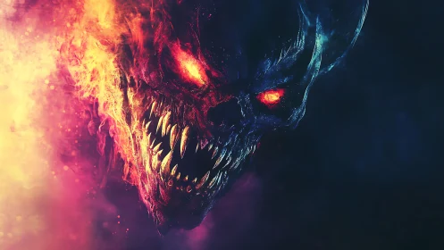 Demonic skull emerges through fire and shadow in neon void