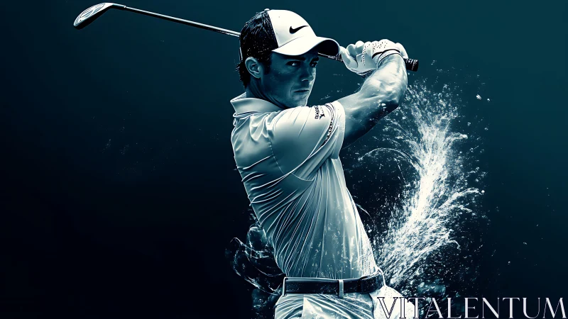 Dynamic golfer swing captured in splash-lit teal energy