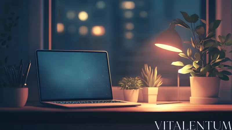 Cozy night workspace glows softly beside peaceful houseplants