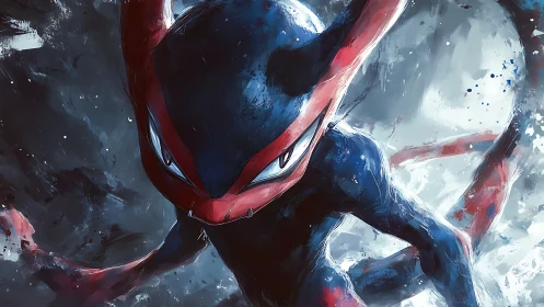 Intense blue and red creature lunges through swirling storm.