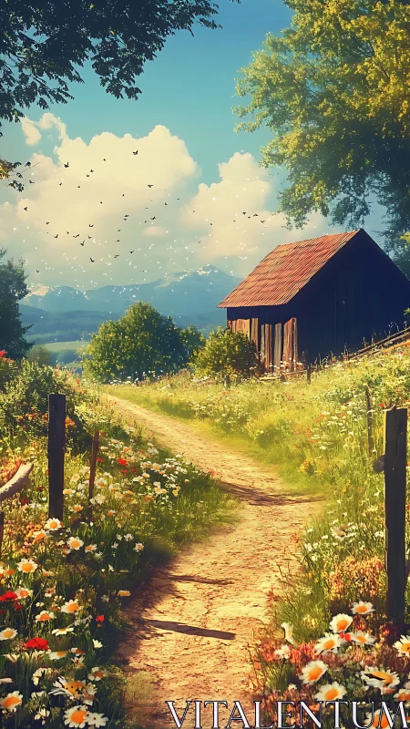 Sunlit rural path with wildflower meadow and distant alpine range