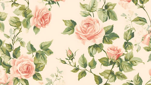 Seamless pattern of pink roses and green foliage on beige