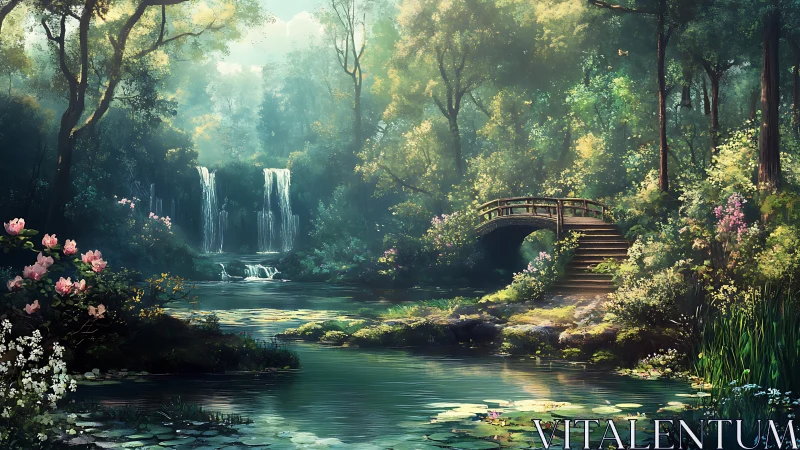 Enchanted Forest Waterfall with Bridge and Blooming Gardens