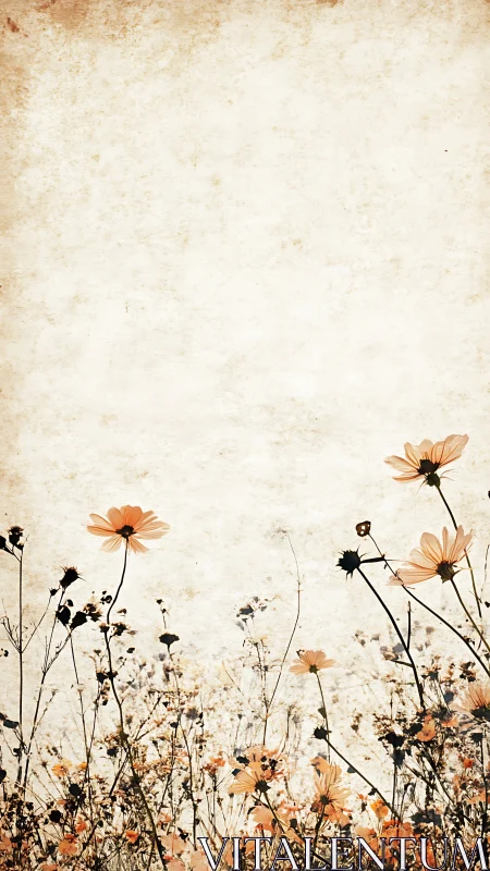 Wildflowers on textured vertical beige background field.