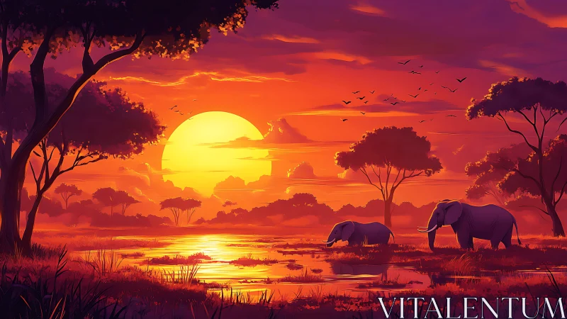 Radiant savanna sunset illuminates elephants in stylized wetland