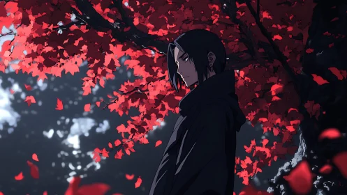 Solitary dark-clad figure beneath dense red foliage canopy.