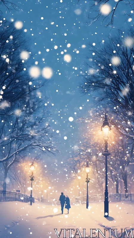 Nocturnal snowfall promenade under gaslight diffusion field.