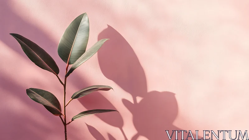 Rubber plant silhouette on pastel pink textured wall.