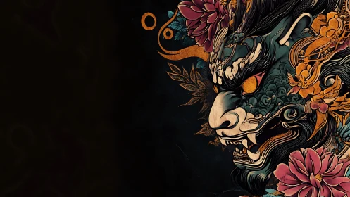 Mythic dragon mask with florals on deep black void backdrop.