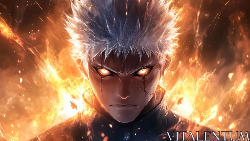 White haired anime figure with glowing eyes amid firestorm.