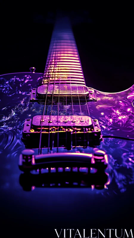 Electric guitar frets glowing in neon violet and gold.