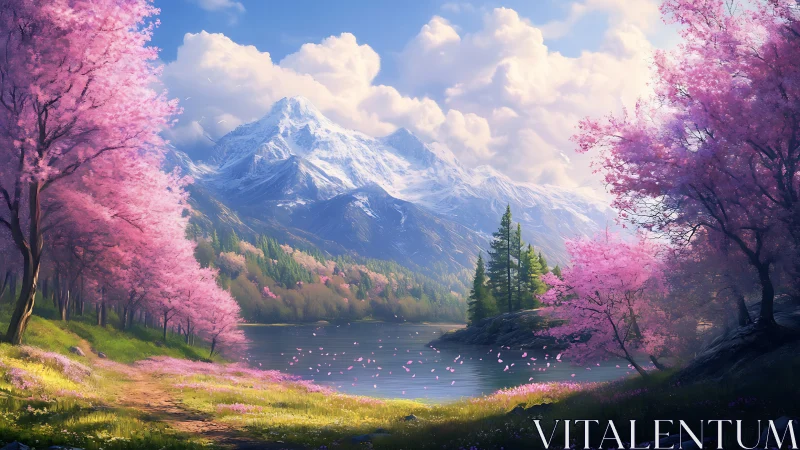 Blossom-lined mountain lake dreaming in soft spring light.