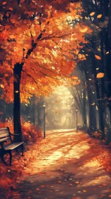 Golden autumn alley with bench under glowing foliage.