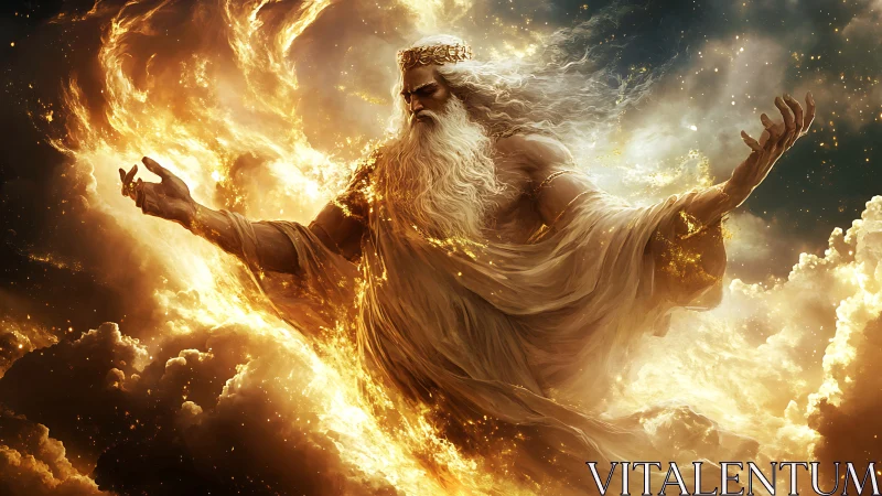 Mythic robed figure emerging from luminous storm clouds.