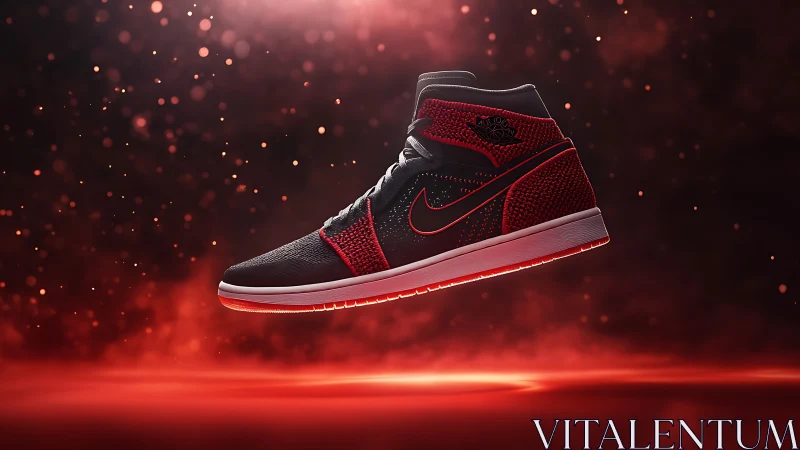 High-contrast black and red sneaker in dynamic studio lighting.