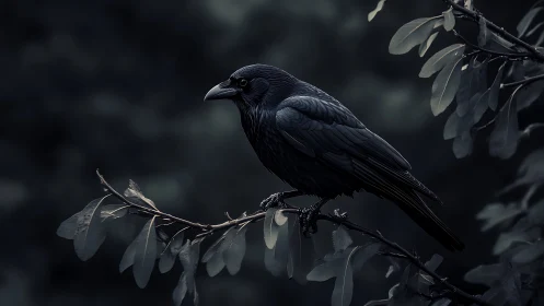 Black bird perched on branch with foliage in muted lighting conditions.