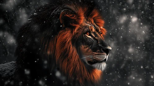 Lion profile rendered in snow with high contrast lighting