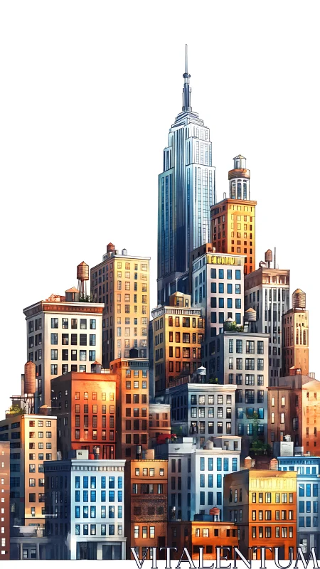 Digital painting of stacked midrise city blocks with spire tower.