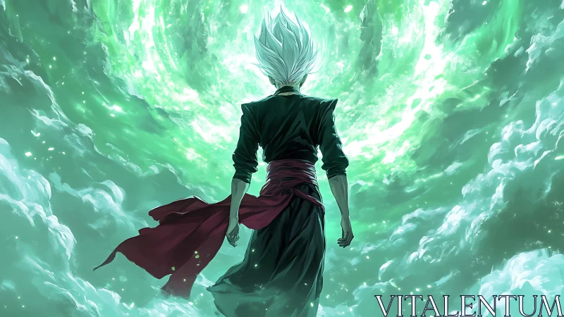 Stormlit warrior before swirling emerald vortex sky.