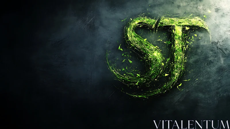 Glowing green ST emblem shattering over textured charcoal field.