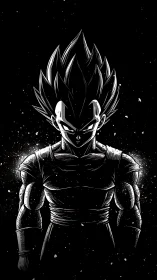 Saiyan warrior silhouette in high-contrast monochrome ink.