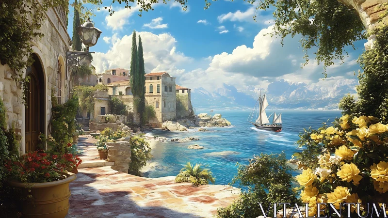 Sunlit Mediterranean harbor terrace with sailing boat vista.