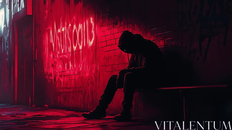 Hooded figure sits alone in neon red urban alley