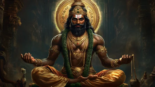 Muscular seated deity in ornate golden temple interior