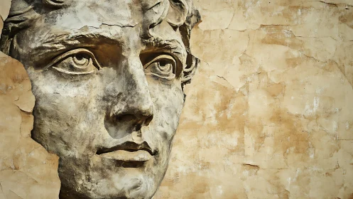 Weathered mural muse gazes through cracked golden plaster.