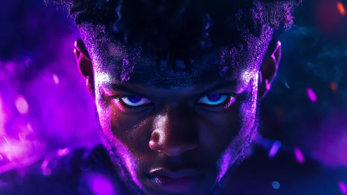 Intense portrait with neon purple lighting and glowing eyes.