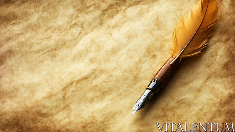Golden quill fountain pen rests on aged parchment surface.