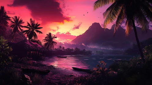 Tropical Sunset over Mountain Lake with Palm Trees